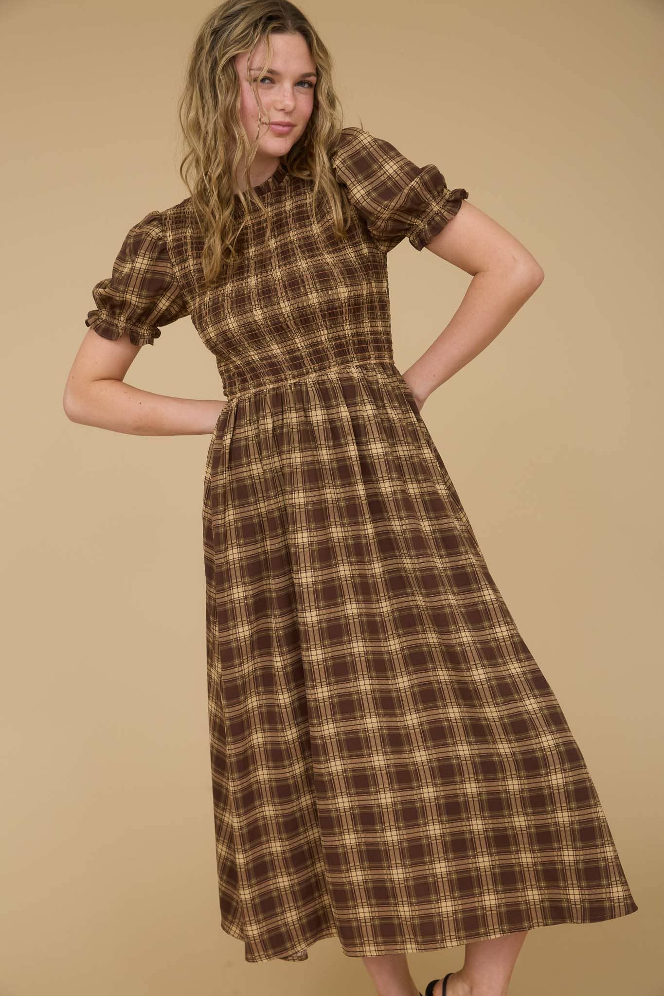 PLAID ROUND NECK PUFF SLEEVE SMOCKED MIDI DRESS