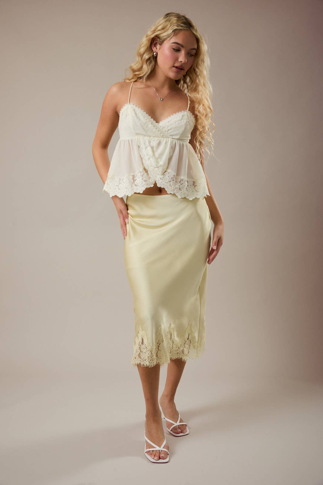 LACE TRIM BIAS CUT MIDI SKIRT