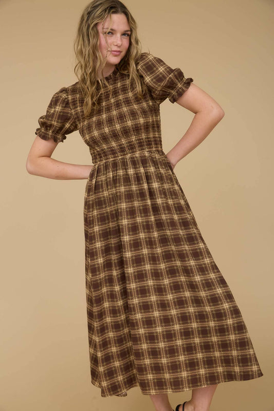 PLAID ROUND NECK PUFF SLEEVE SMOCKED MIDI DRESS