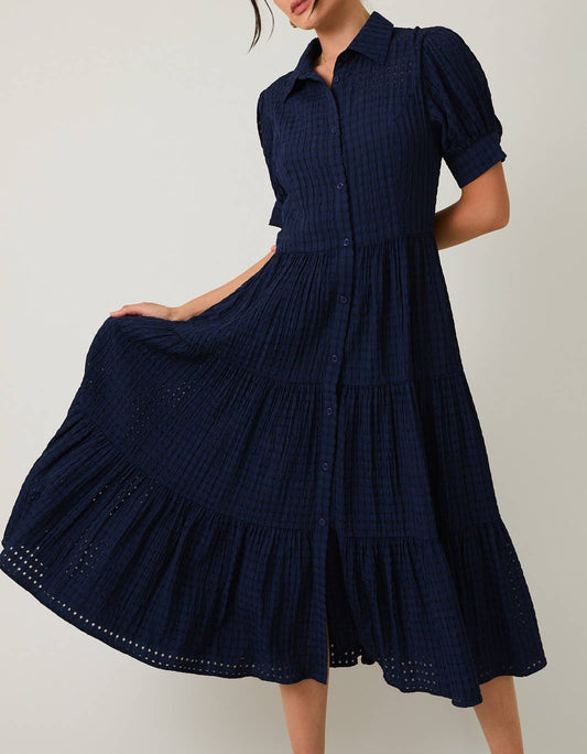 PUFF HALF SLEEVE BUTTON DOWN TIERED MIDI DRESS
