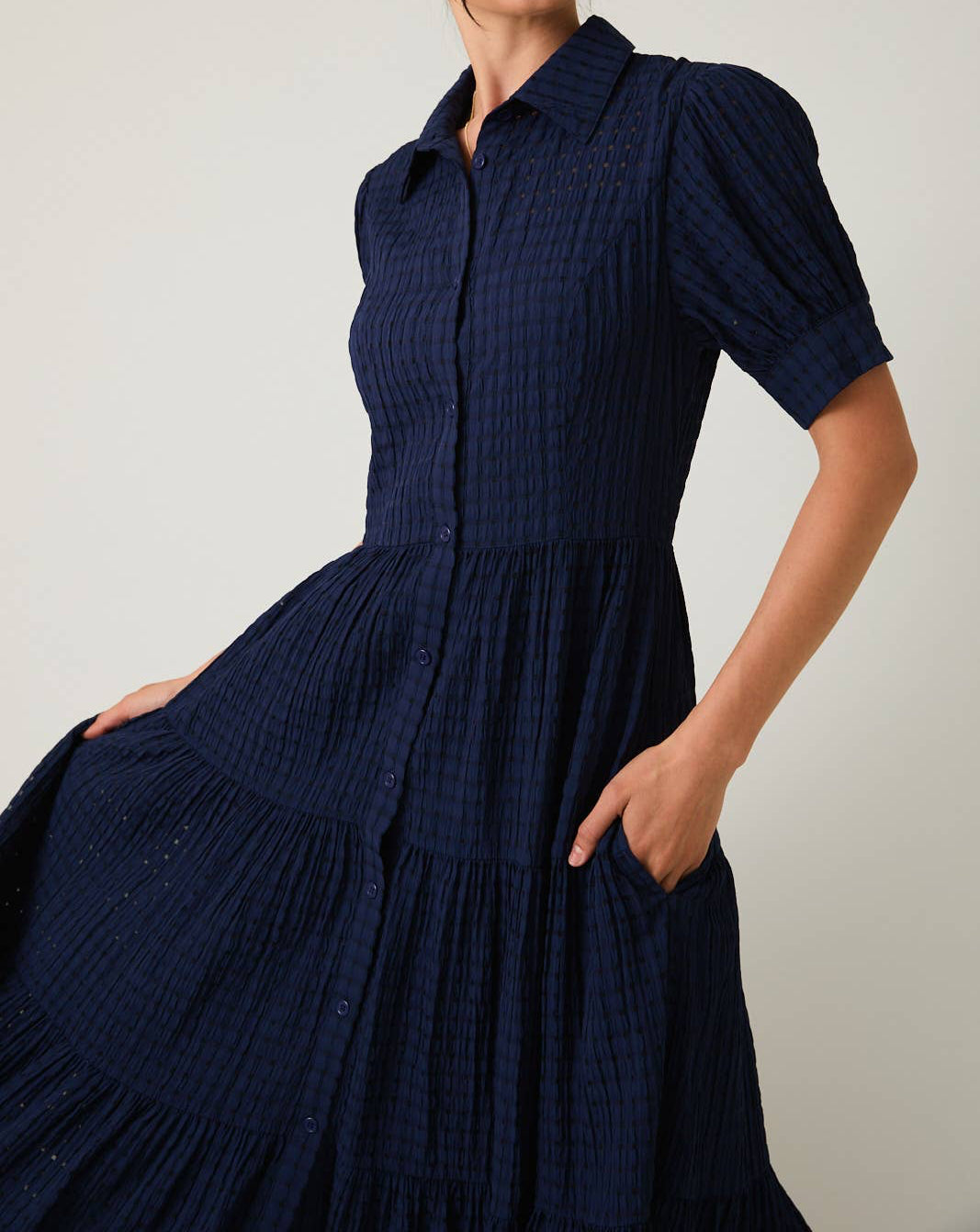 PUFF HALF SLEEVE BUTTON DOWN TIERED MIDI DRESS